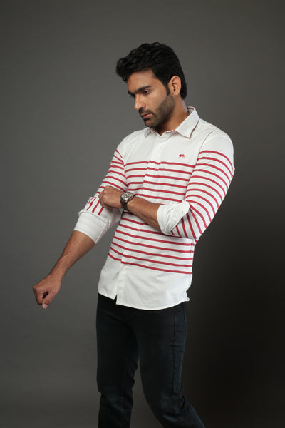 Men White & Red Stripe Slim Fit Casual Shirt