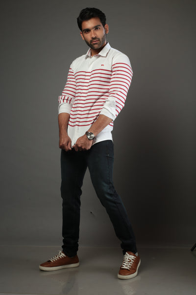 Men White & Red Stripe Slim Fit Casual Shirt
