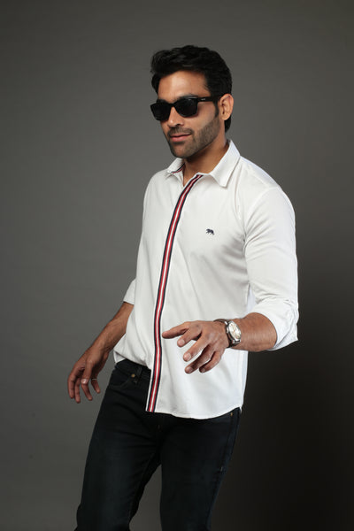 Men Solid White color with lace strip Slim Fit Casual Shirt