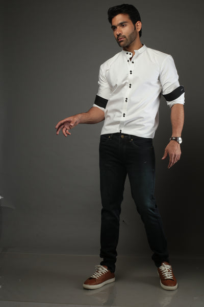 Men Solid White with double button Slim Fit Casual Shirt
