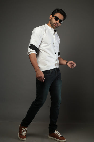 Men Solid White with double button Slim Fit Casual Shirt
