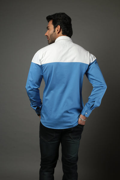 Sky Blue & White Color blocked Slim Fit Casual Shirt