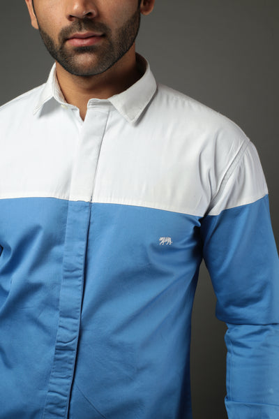Sky Blue & White Color blocked Slim Fit Casual Shirt