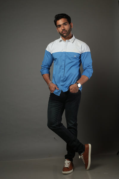 Sky Blue & White Color blocked Slim Fit Casual Shirt