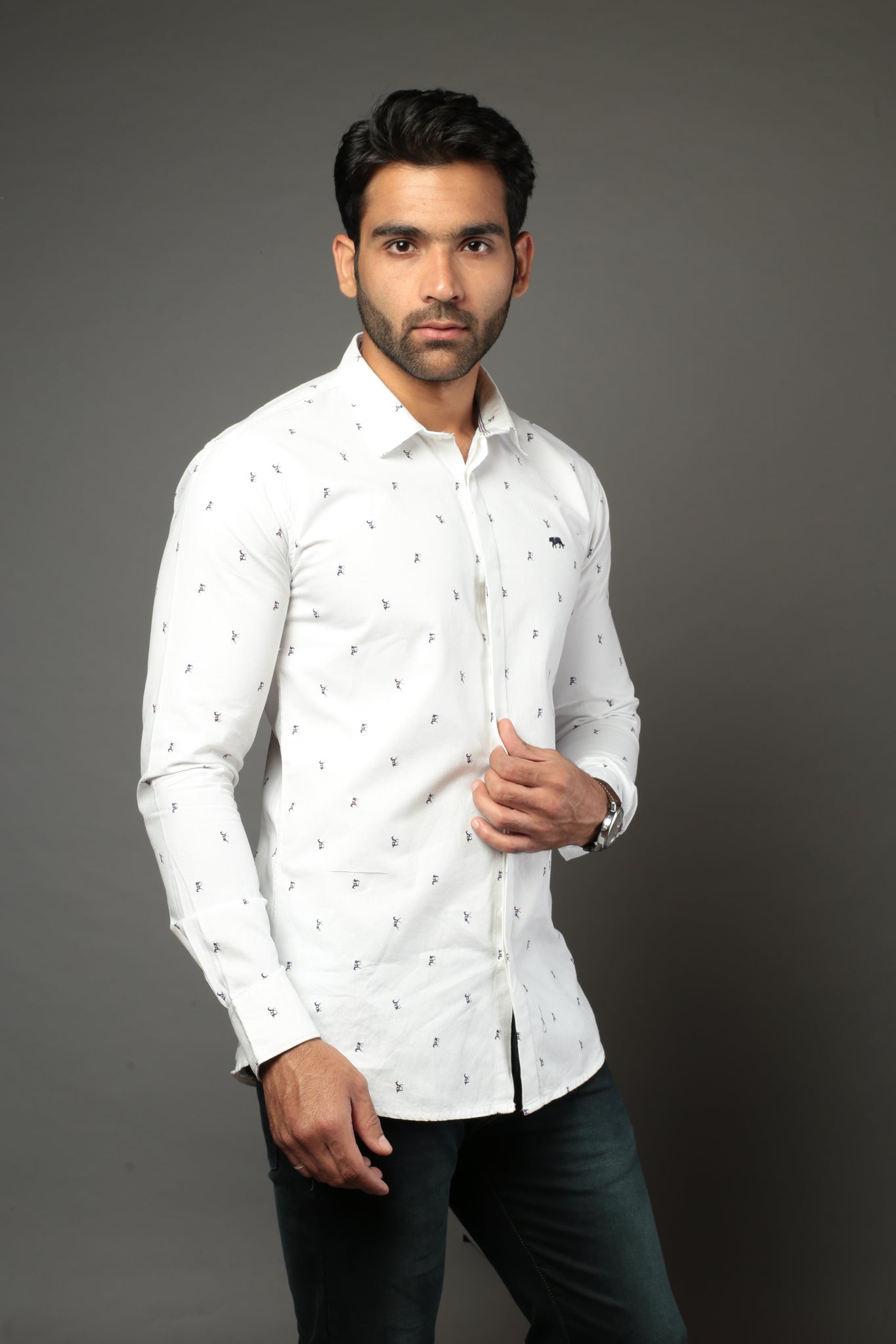 Men Designer White horse print Slim Fit Casual Shirt