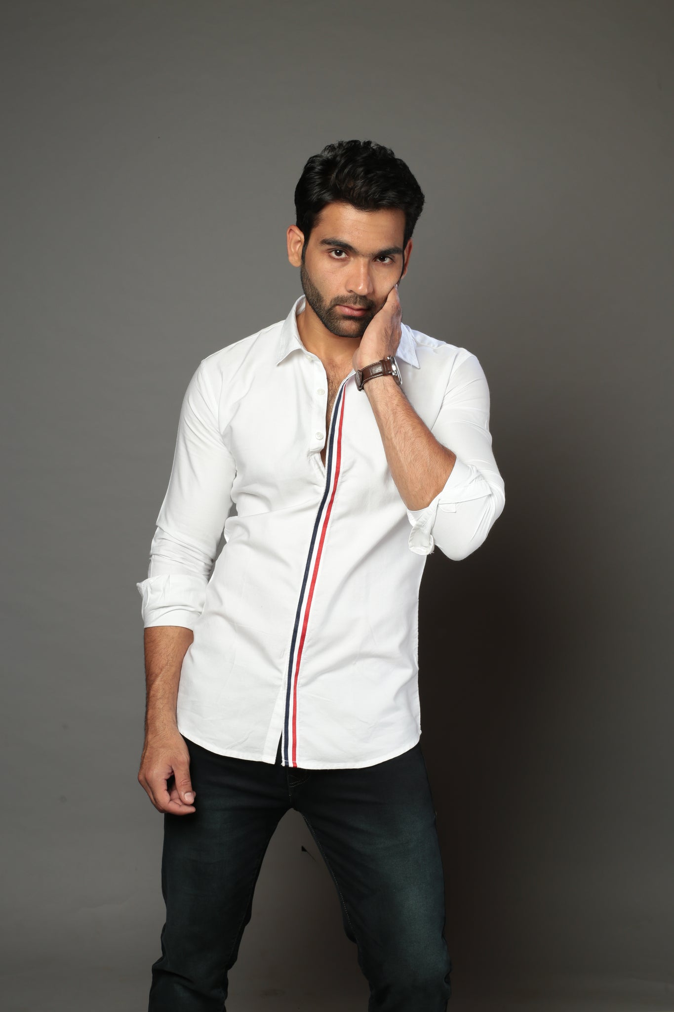 Men Solid white Color With lace Strip Slim Fit Casual Shirt