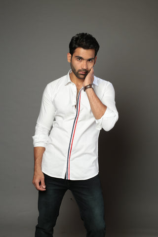 Men Solid white Color With lace Strip Slim Fit Casual Shirt