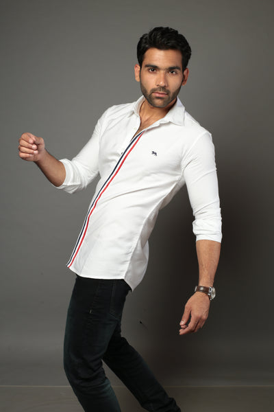 Men Solid white Color With lace Strip Slim Fit Casual Shirt