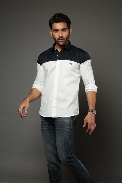 White & NB Block Color Slim Fit Casual Shirt