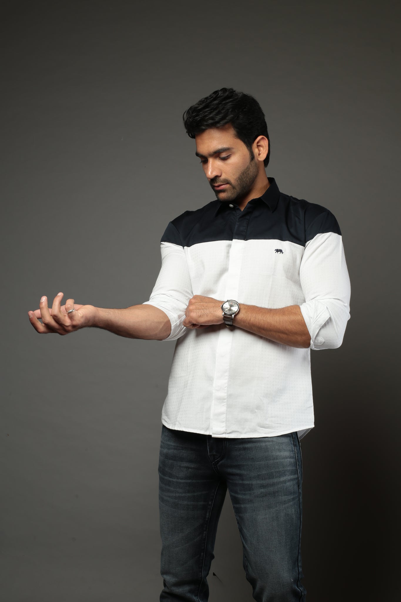 White & NB Block Color Slim Fit Casual Shirt