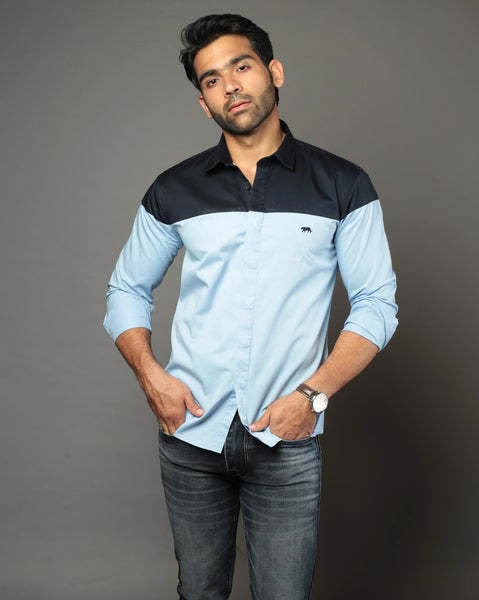 Men Blue & Navy Blue Color Blocked Slim Fit Casual Shirt