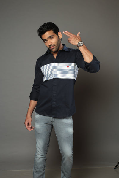 Navy Blue & Blue lines Slim Fit Casual Shirt