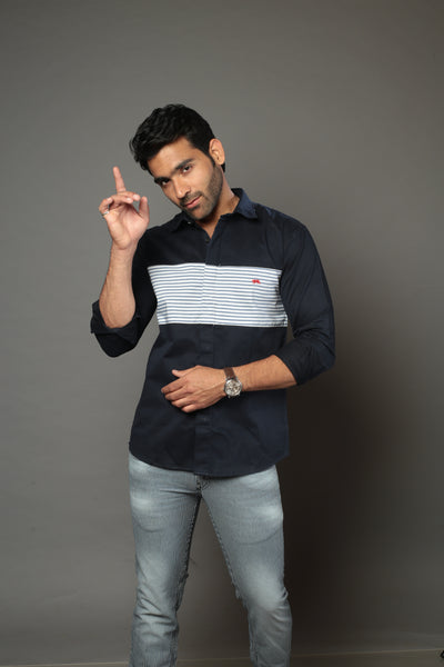 Navy Blue & Blue lines Slim Fit Casual Shirt