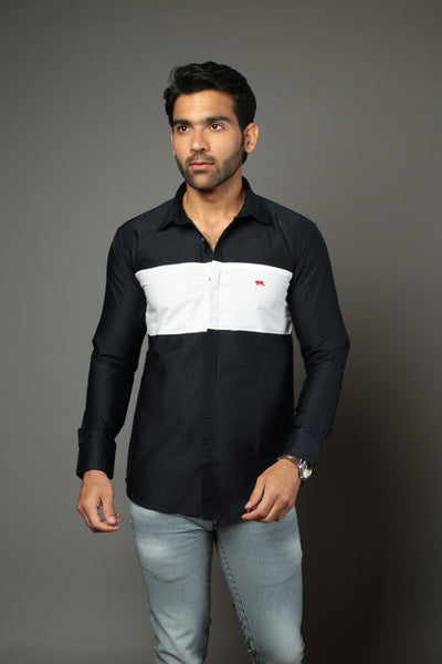 Navy Blue & White Color Blocked Slim Fit Casual Shirt