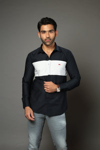 Navy Blue & White Color Blocked Slim Fit Casual Shirt