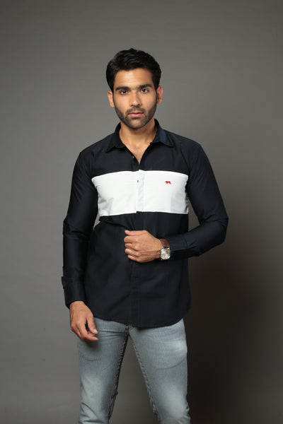Navy Blue & White Color Blocked Slim Fit Casual Shirt