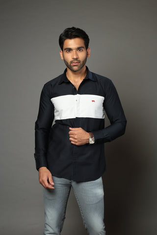 Navy Blue & White Color Blocked Slim Fit Casual Shirt