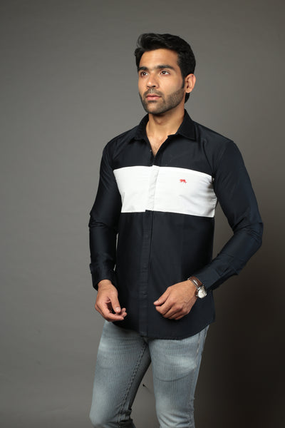 Navy Blue & White Color Blocked Slim Fit Casual Shirt