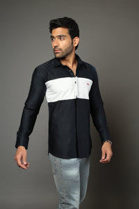 Navy Blue & White Colour-Blocked Casual Shirt
