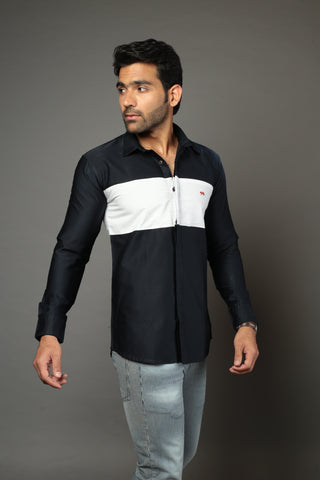 Navy Blue & White Colour-Blocked Casual Shirt