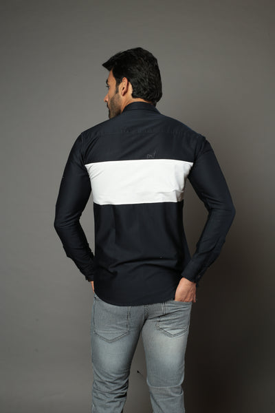 Navy Blue & White Color Blocked Slim Fit Casual Shirt