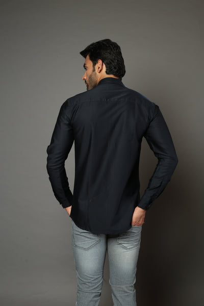 Men Solid Navy Blue Color With Cross Strip Slim Fit Casual Shirt