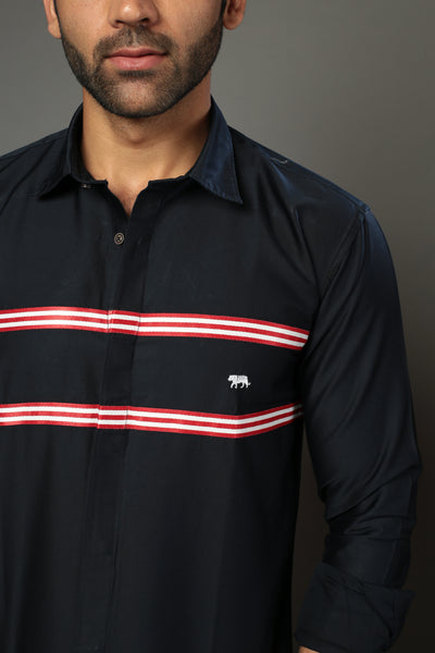 Men Solid Navy Blue Color With Cross Strip Slim Fit Casual Shirt