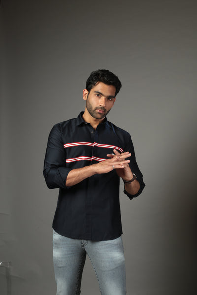Men Solid Navy Blue Color With Cross Strip Slim Fit Casual Shirt
