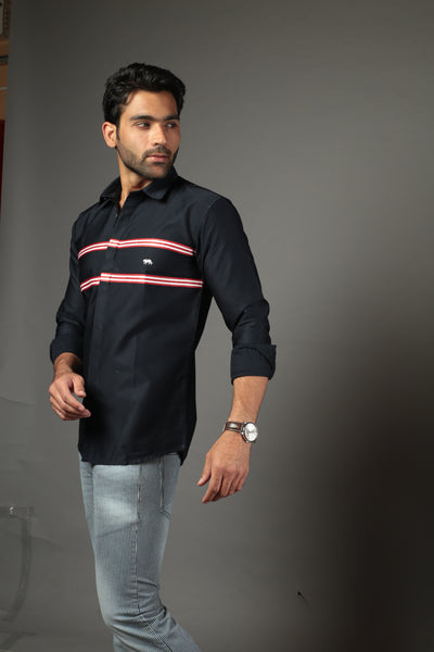 Men Solid Navy Blue Color With Cross Strip Slim Fit Casual Shirt