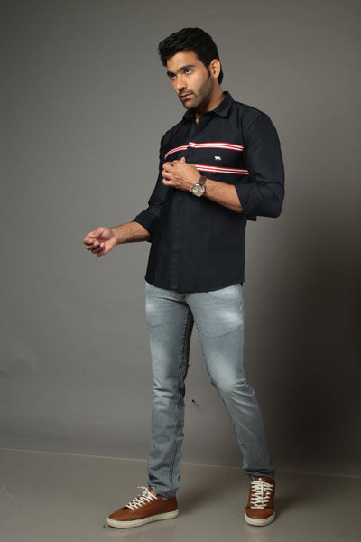 Men Solid Navy Blue Color With Cross Strip Slim Fit Casual Shirt