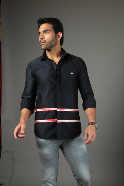 Men Solid Navy Blue Color With Strip Slim Fit Casual Shirt
