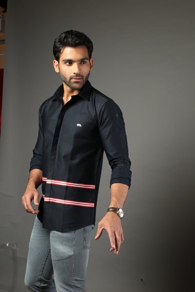 Men Solid Navy Blue Color With Strip Slim Fit Casual Shirt