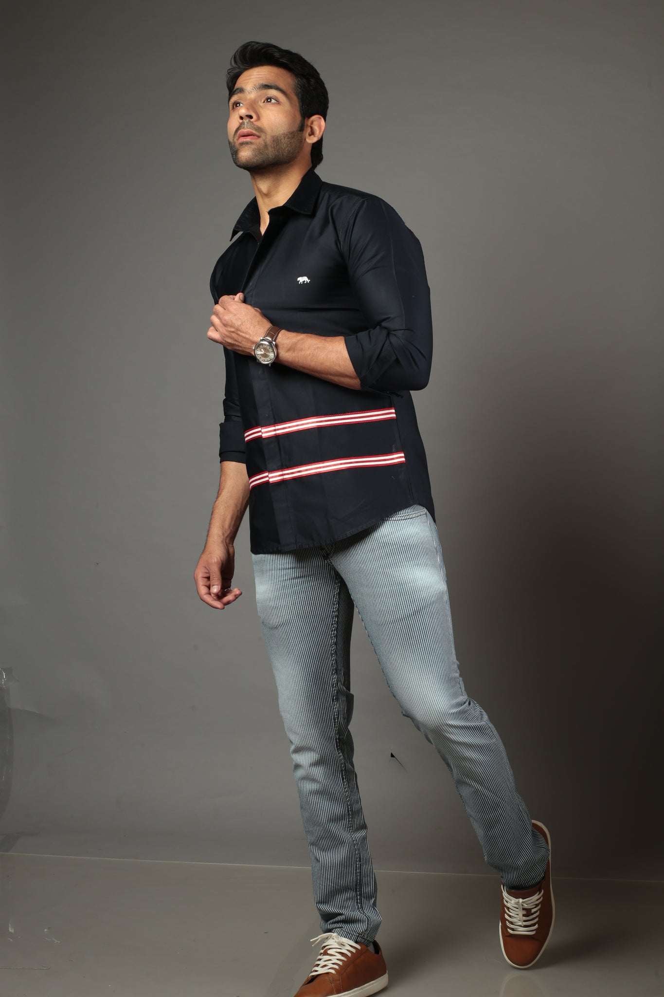 Men Solid Navy Blue Color With Strip Slim Fit Casual Shirt