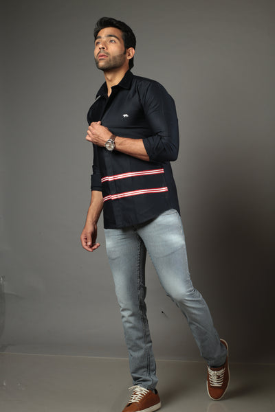 Men Solid Navy Blue Color With Strip Slim Fit Casual Shirt