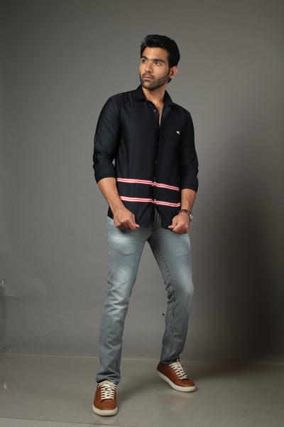 Men Solid Navy Blue Color With Strip Slim Fit Casual Shirt