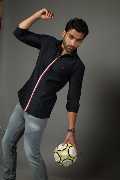 Men Solid Black With lace Strip Slim Fit Casual Shirt