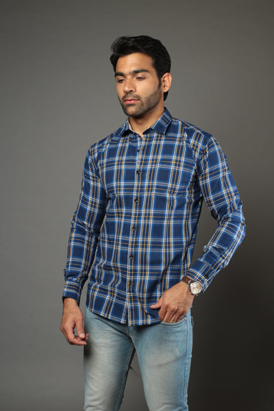 Men Block Checks Blue Slim Fit Casual Shirt