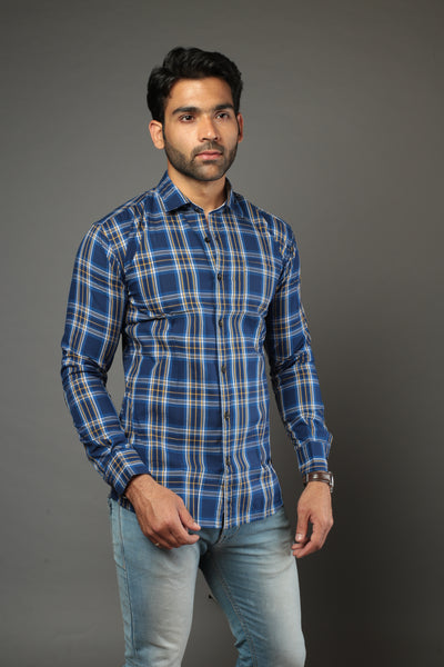 Men Block Checks Blue Slim Fit Casual Shirt