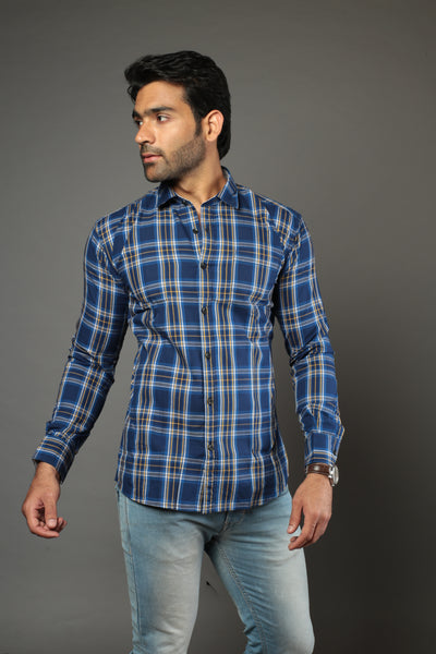 Men Block Checks Blue Slim Fit Casual Shirt