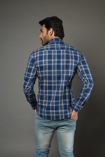 Men Block Checks Blue Slim Fit Casual Shirt