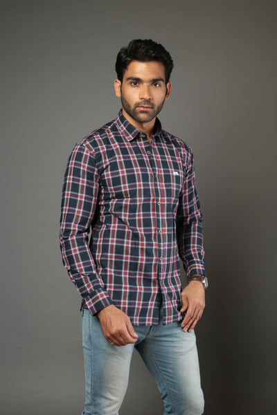 Men Block Checks Blue & Red Slim Fit Casual Shirt