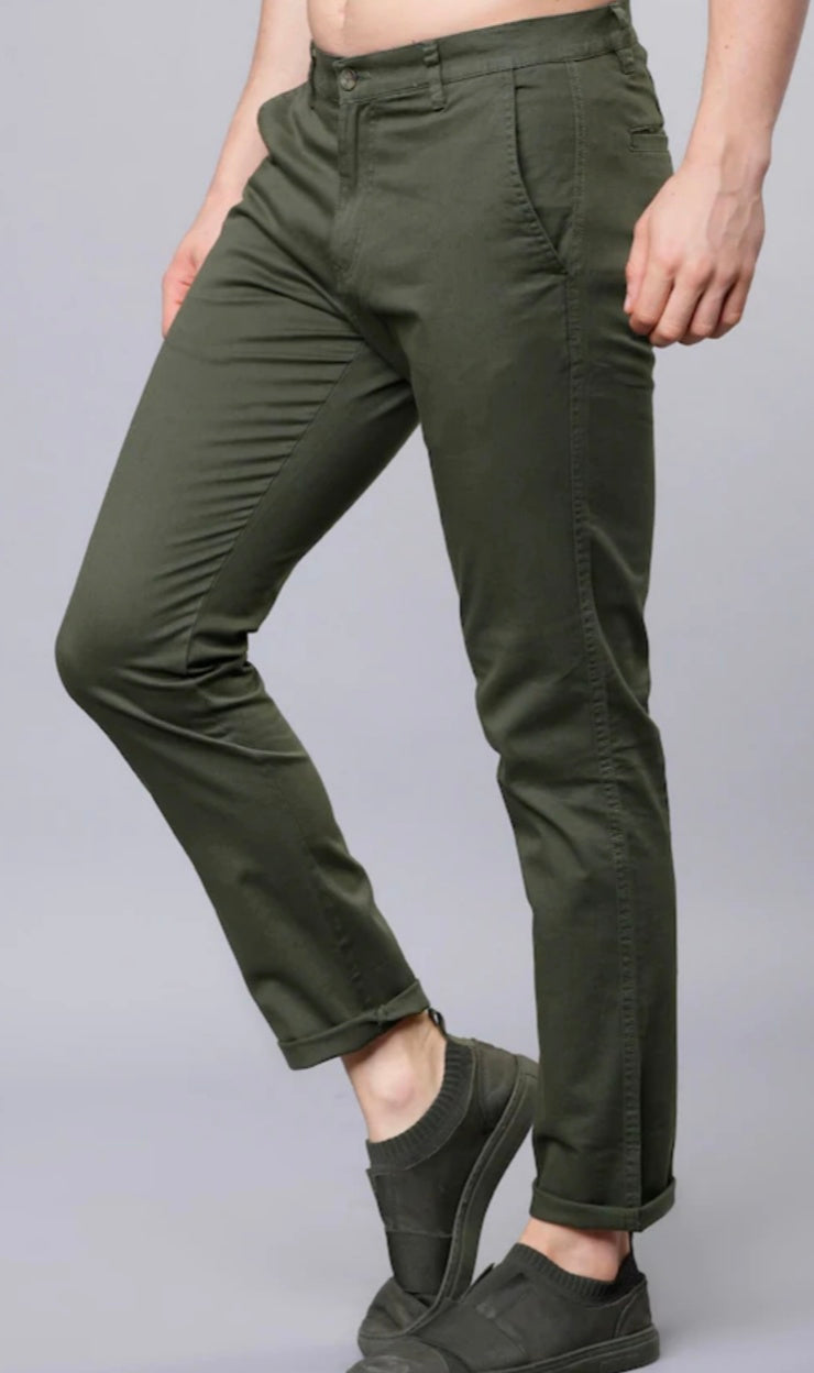 Mens Bottle Green Solid Color Chinos