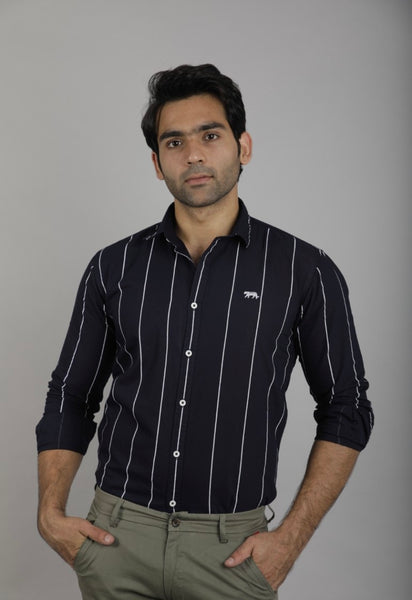 Navy blue  Stripes Full Sleeves Slim Fit Casual Shirt