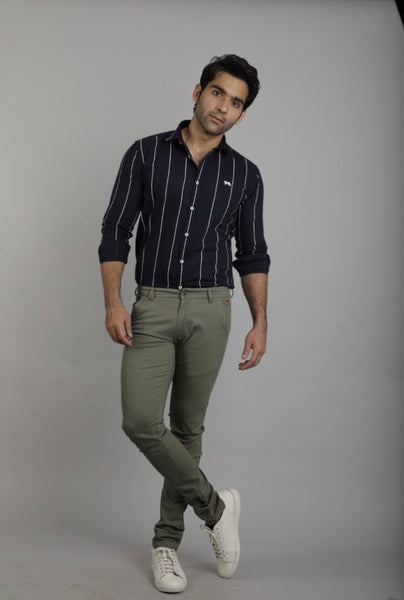 Navy blue  Stripes Full Sleeves Slim Fit Casual Shirt